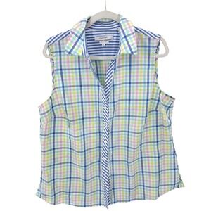 Foxcroft NYC Womens 18 Fitted Sleeveless Button Down Shirt Plaid Striped Wrinkle